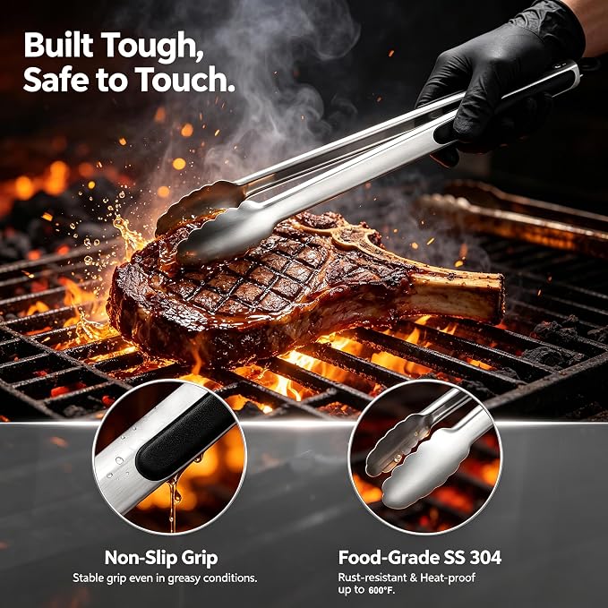 Grill Tongs, BBQ tongs - 12" & 17" Extra Long Kitchen Tong, 600 Degrees Heat Resistant Stainless Steel tong, Heavy Duty Metal Locking Tongs for Cooking, Grilling, Outdoor Barbecue, Set of 2