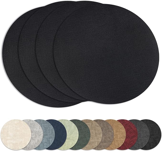 13" Round Placemats Set of 4, Reversible Faux Leather Wipeable Table Mats | 2mm Vinyl Heat Resistant, Waterproof Oilproof Scratch Proof Non-Slip, Washable for Kitchen Dining Indoor Outdoor (Black)