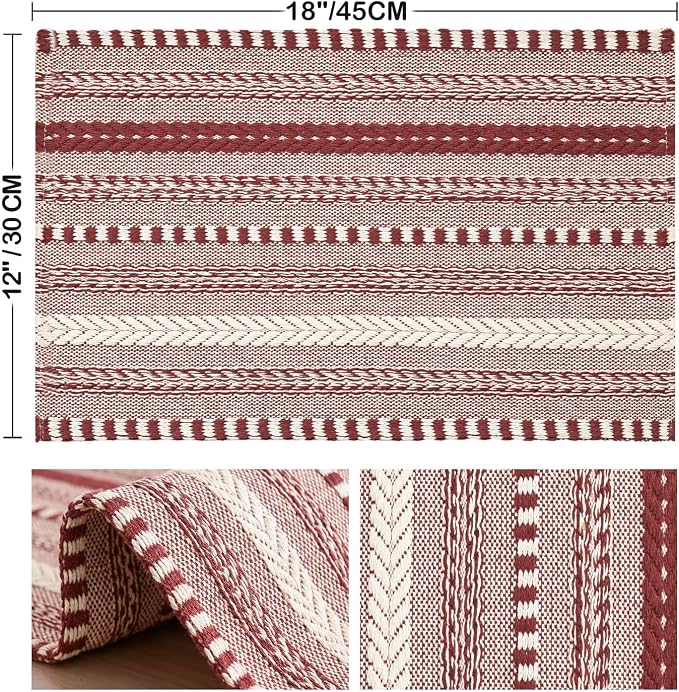 Artoid Mode Red Farmhouse Woven Braided Stripe Placemats Set of 6,12x18 Inch Seasonal Holiday Table Mats Party Kitchen Dining Decoration