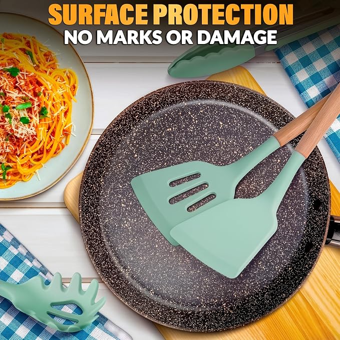 12 Pcs Kitchen Accessories Set with Holder, Silicone Heads (Light Green) | Kitchen Utensils Set for Cooking and Baking; Wooden Handles; Heat-Resistant up to 446°F; Non-Scratch for Nonstick Pans