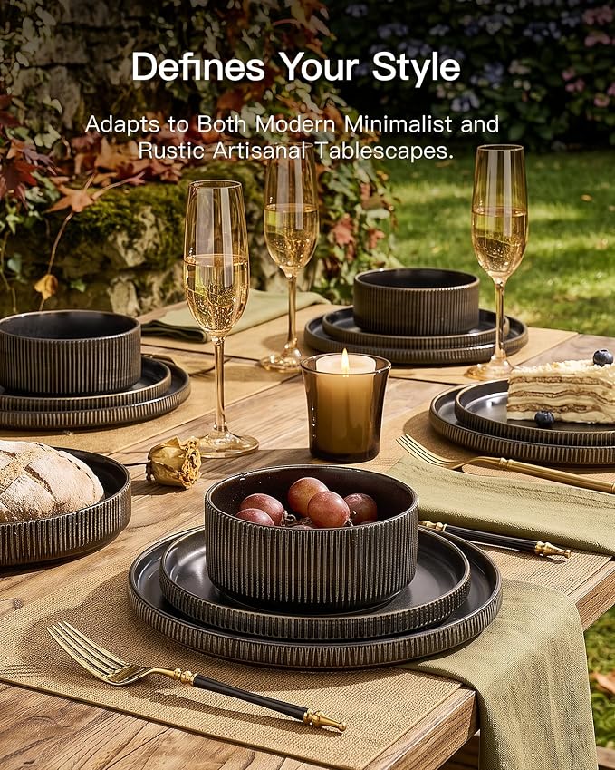Dinnerware Set for 6, Ceramic Ribbed Plates, Bowls, Dishes | 18-Piece Stoneware Dinner Sets, Handmade Reactive Glaze, Microwave & Dishwasher Safe, Chip & Scratch Resistant, Black Gold