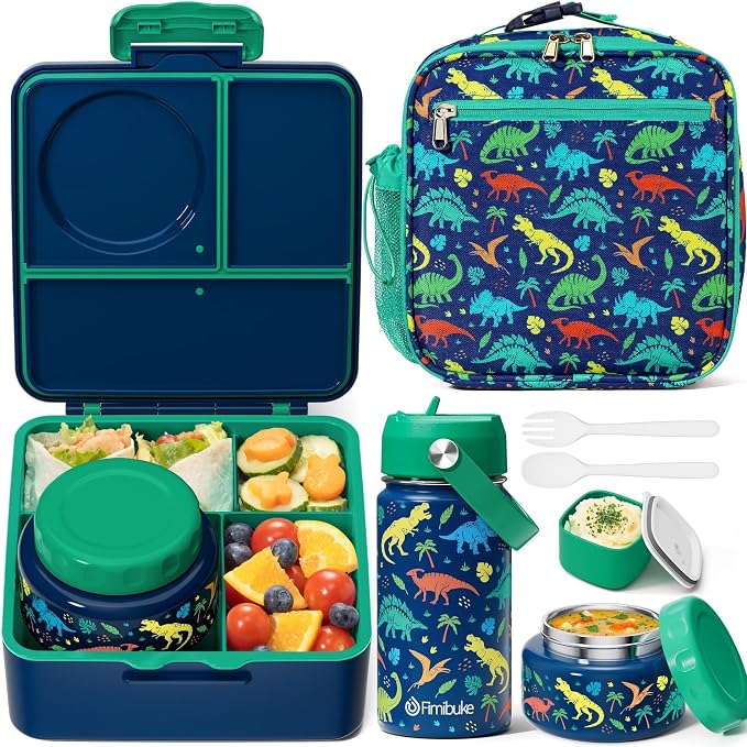 Fimibuke Bento Box for Kids Adult - Leakproof 3-4 Compartments Lunch Bento Box Set with Insulated Food Jar, Water Bottle, Lunch Bag, Sauce Cup & Cutlery for Toddler Teen Shcool Girl Boy Age 3+