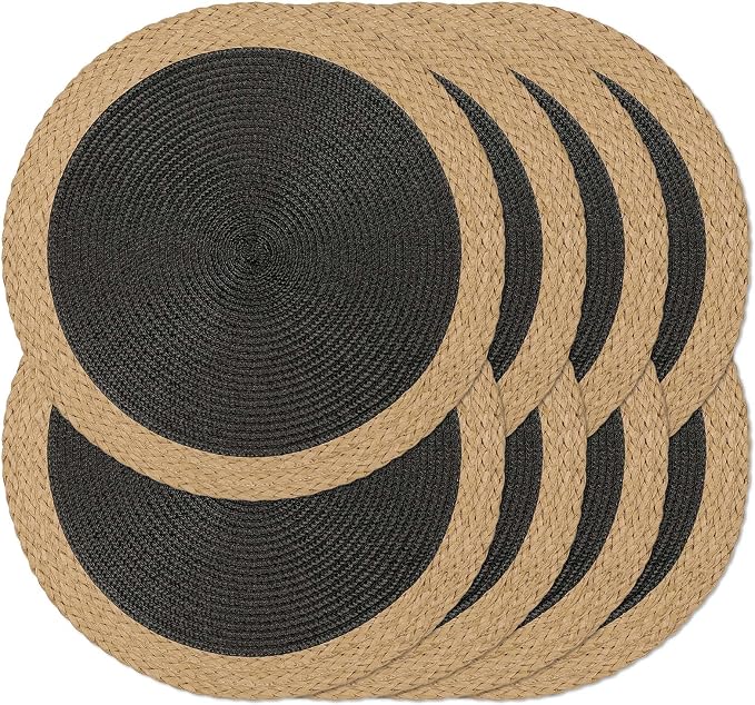 Round Placemats Set of 8, Woven Table Mats, Wide Edge, Black | Braided Paper Edge, 15 Inch Diameter, Fits Dinner Plate and Flatware, Wipeable, Heat Resistant, Indoor Dining, Outdoor Patio