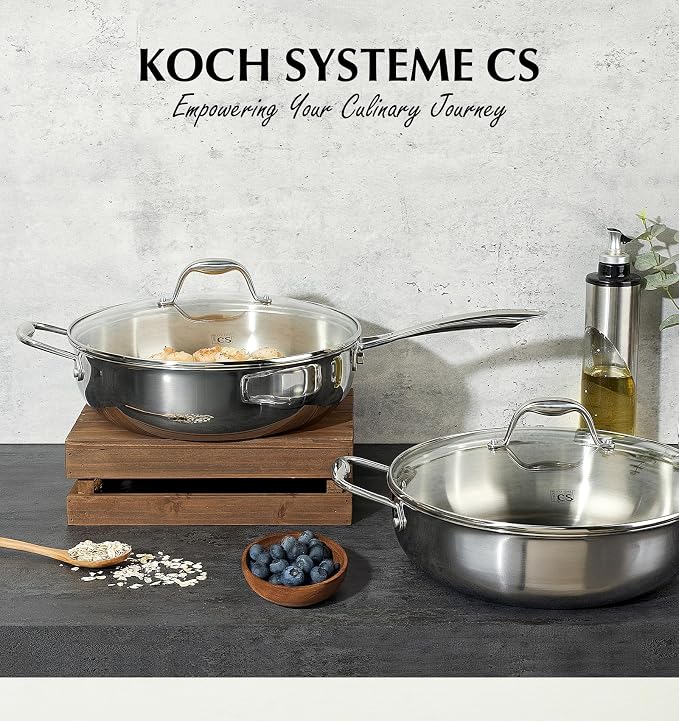 KOCH SYSTEME CS Triply Stainless Steel Saute Pan 12 Inch, 6 Quart Deep Frying Pan with Lid, 18/10 Stainless Steel Pan with Stay Cool Handle, 6QT Large Skillet, Induction Cooking Pan, Oven Safe 600°F