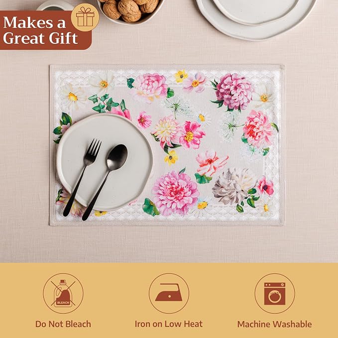 Maison d' Hermine Placemats Set of 4 Reusable 100% Cotton (13"x19") | Cloth Place Mats Washable Table Mats for Kitchen Dining Party Wedding Hotel Home Restaurant Spring Summer - Pivoine