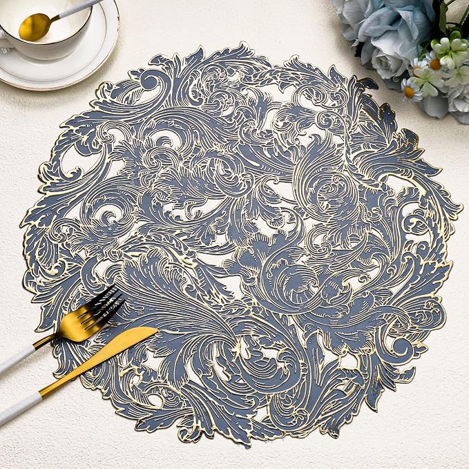 Evevda 15 inch Gold and Blue Placemats Set of 6 Round Reusable Place Mat | Vinyl Plastic Kitchen Table Mats for Home Wedding Party Dining Table Decoration