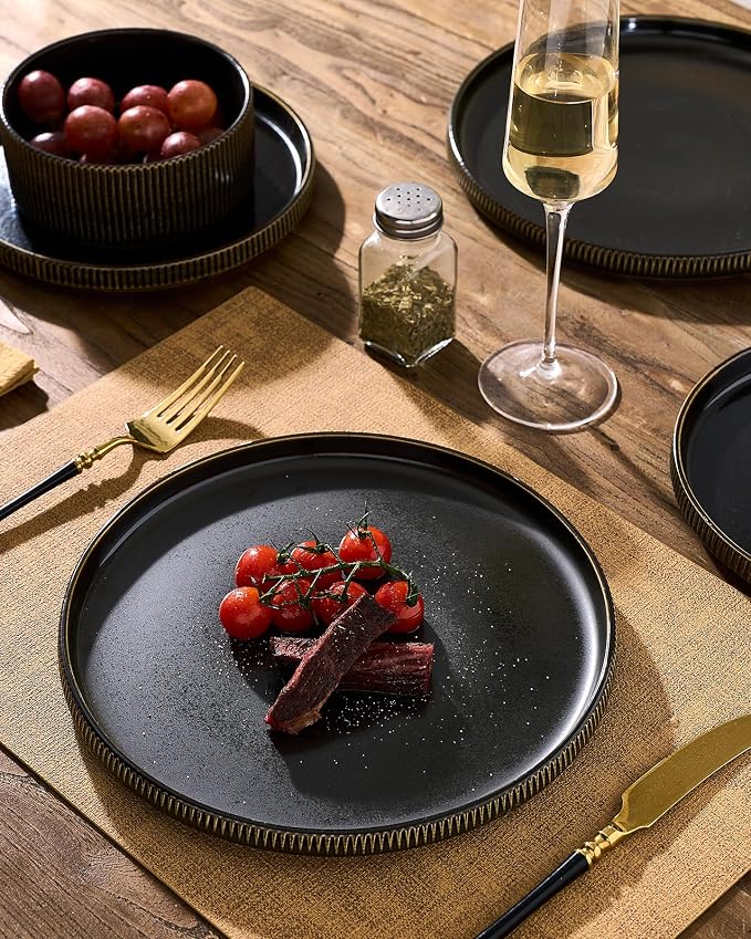 Stoneware Dinnerware Set for 4, Reactive Glaze, Black Gold | 12 pcs Ceramic Plates and Bowls, Handmade Ribbed Dishes, Everyday Use, Microwave & Dishwasher Safe, Chip & Scratch Resistant