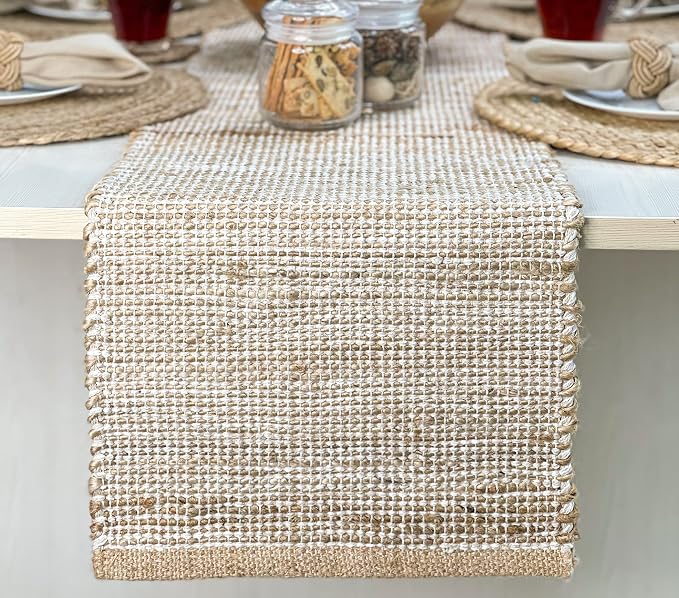 Natural Jute Table Runner 13x108 Inch – Vintage Boho Rustic Table Decor – Handwoven Long Table Runner in Natural Jute and Ivory – Farmhouse Dining or Console Table Accent