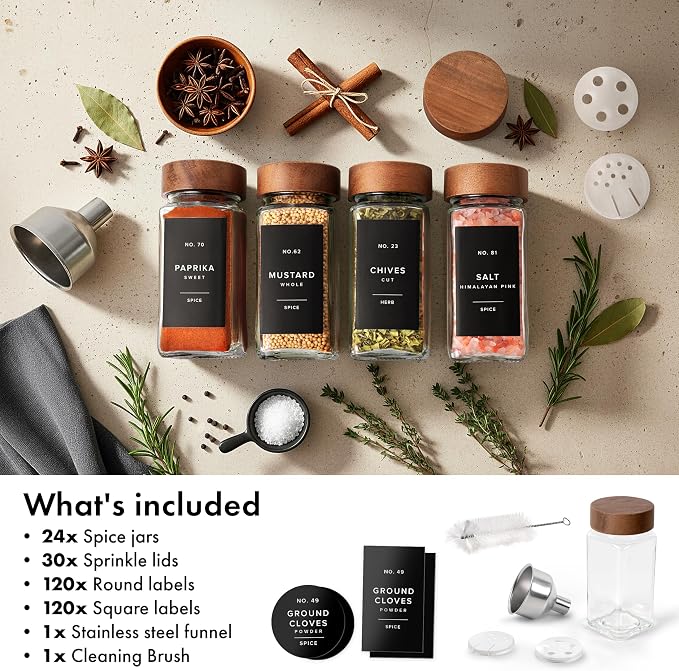 Glass Spice Jars with Label, 24x Acacia Wooden Lids - Black Labels | Airtight Lids keep spices fresh, Kitchen Spice Drawer Organizer, 4oz Seasoning Containers incl. Funnel, Brush & 240 Labels