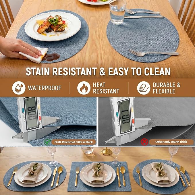 Faux Leather Placemats Set of 4, Wipeable Waterproof Stain Resistant Table Mats, Heat Resistant Thick Placemats with Hand-Painted Edges for Kitchen Dining, Imitative Linen Texture, Various Shapes