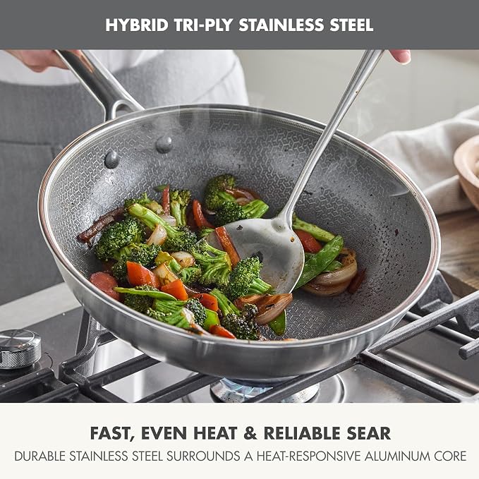 GreenPan Hybrid APEX 11" Tri-Ply Stainless Steel Wok, Ceramic Nonstick Pan | APEX Tri-Ply Pan, PFAS-Free Thermobond Nonstick, Induction & All Cooktop Compatible, Dishwasher & Oven Safe to 850F, Silver