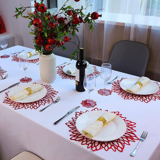 Snowkingdom 12 Pack Red Placemats Metallic Shiny Pressed Vinyl Dining Mats Round Leaf Floral Table Decoration for Halloween Mother's Day Christmas Valentine's Day Weddings Holiday Celebrations