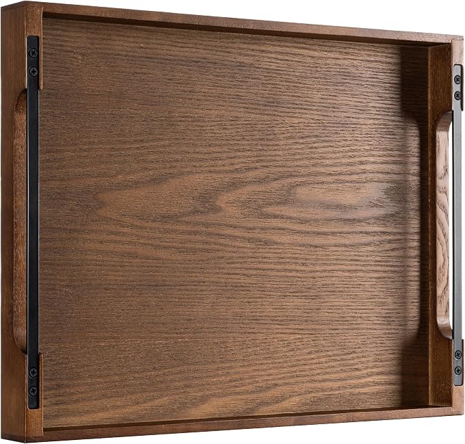 Wooden Serving Tray with Metal Handles|Ottoman Tray for Breakfast, Bed, Couch|17x13in Ash Wood Coffee Table Trays|Food Drinks Decorative Storage Boards for Ottoman Kitchen, Walnut