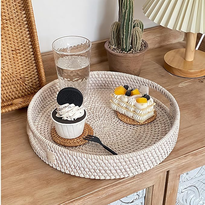 14" Round Rattan Tray, Hand Woven Serving Tray with Handles, Wicker Serving Basket, Decorative Tray for Home Decor, Whitewash