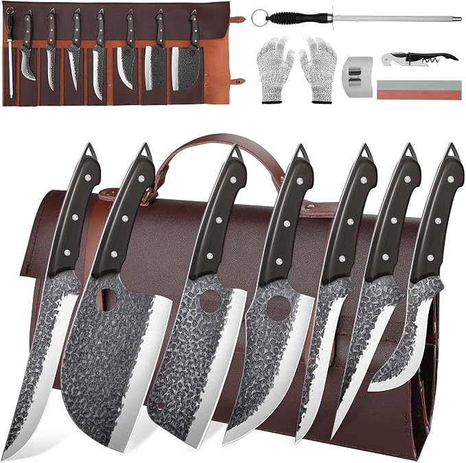 ROCOCO Butcher Cleaver Knife Set - 13PCS Serbian Chef Viking Boning Knife | Meat Cutting Knives with Roll Bag for Kitchen Outdoor BBQ Camping Birthday Christmas Father Mother Gift Idea Men