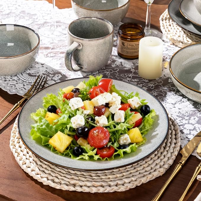 GBHOME Dinnerware Sets for 4, 12 Pieces Ceramic Plates and Bowls Set | Scratch Resistant Stoneware Dishes Set, Dishwasher & Microwave Safe, Reactive Glaze-Green Wheat