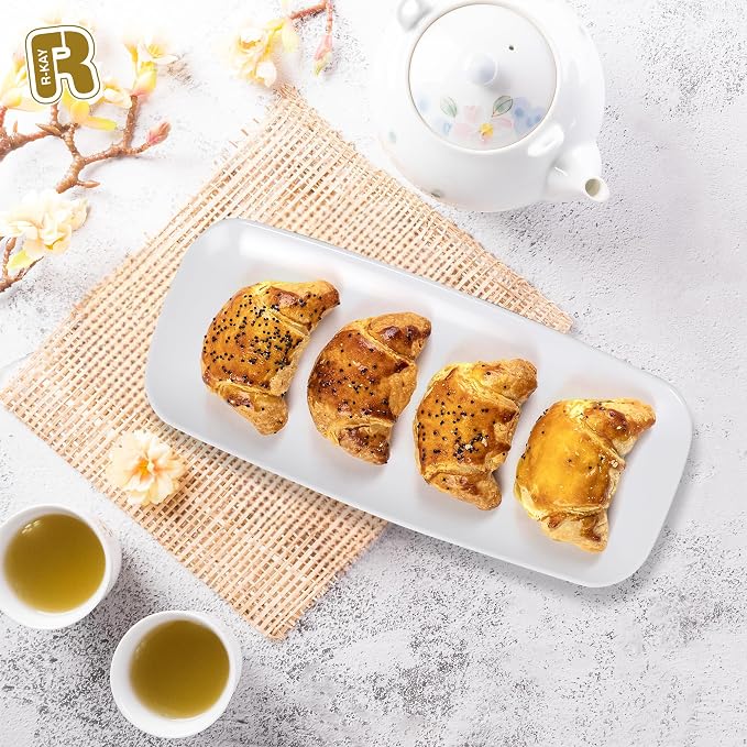 R-kay 4 Pack Plastic Serving Trays for Party - White Serving Tray 10 by 5.5 in - Heavy Duty Dessert Trays for Food - Rectangular Party Serving Trays - Premium Party Trays - White Platters