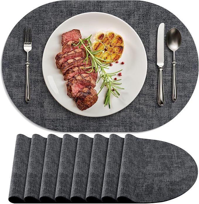 Placemats Set of 8 Non-Slip, Heat Resistant Oval Leather Place mats Double Layer, Waterproof Table Mats Easy to Clean for Kitchen Dining Room Coffee Office Table, Charcoal