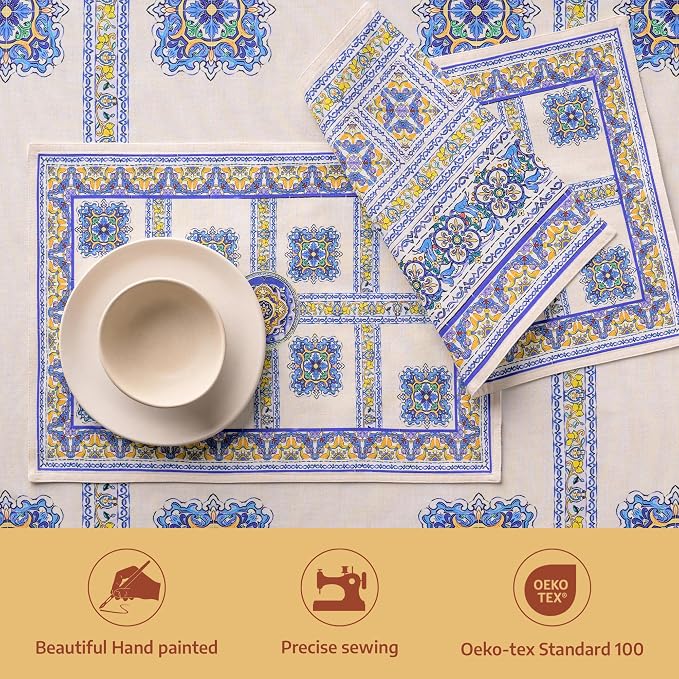 Maison d' Hermine Placemats Set of 4 Reusable 100% Combed Cotton (13"x19") | Cloth Place Mats Washable Table Mats for Kitchen Dining Party Wedding Hotel Home Restaurant Spring Summer - Sciacca