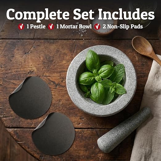 Heavy Duty Large 1.5 Cup Mortar and Pestle Set, 100% Natural Granite, 4.72 Inch Diameter Bowl, 6.2 Inch Pestle, Non-Slip Base, Stone Grinder for Guacamole Salsa Pesto Herbs Spices, Grey