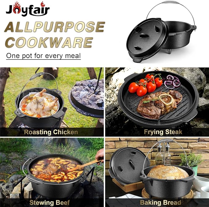 Joyfair Pre-seasoned Cast Iron Camp Dutch Oven, 5QT Pot & 2QT Skillet Lid | Open Fire Camping Cookware Set For Outdoor Campfire Cooking - Stewing Chicken,Baking Sourdough Bread, Plus Cleaner, Oven Safe