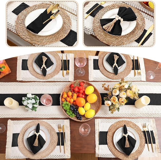 6 Sets Boho Decoration Placemats Round Woven Placemats, Cloth Napkins, Wood Bead Napkin Rings, Long Table Runner and Farmhouse Burlap Cotton for Table Kitchen (Black,12x72)