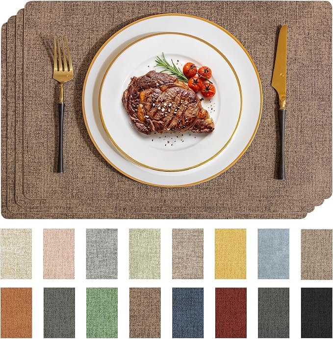 Romanstile Vinyl Placemats Set of 4-12 X 17 Inch - Faux Leather 100% Waterproof Wipeable Anti Slip Place Mats, Heat Resistant Reversible PU Table Mats for Kitchen Dining Party Outdoor, Brown