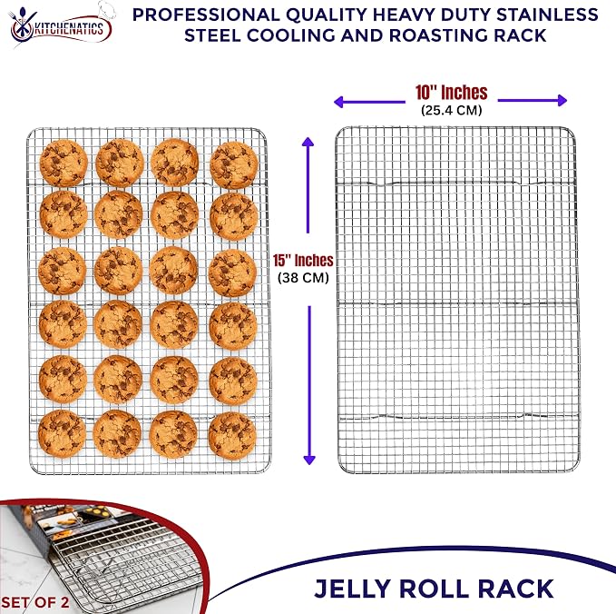 Jelly Roll Cooling Rack Stainless Steel Oven Safe Set of 2 | Fits standard 10x15 jelly roll pans for grilling, broiling, drying and draining grease while baking