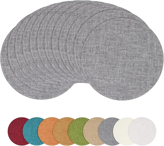 Cotton Linen 15 Inch Round Cloth Place mats, Set of 12, Dark Grey | Washable Table Mats, Heat Resistant, Reversible, Wipeable Place Mats for Indoor Outdoor