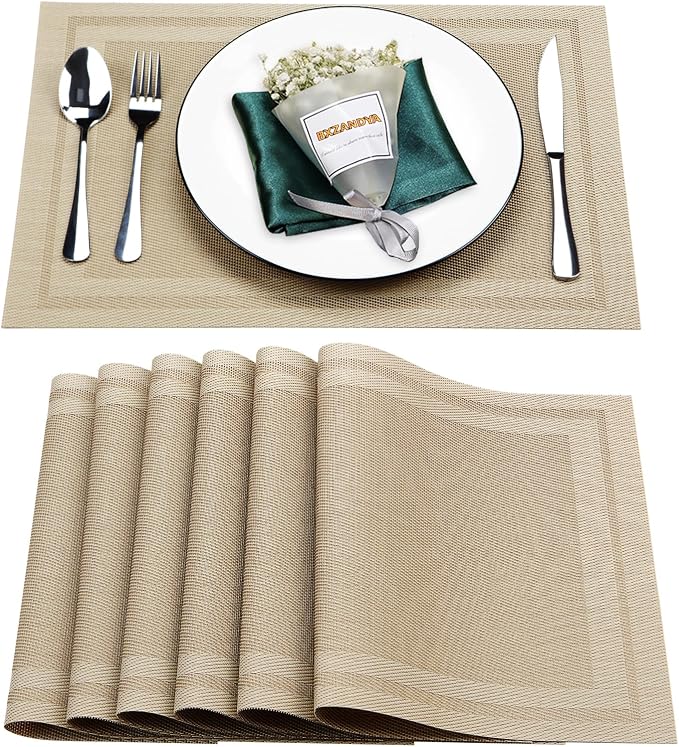 Beige Vinyl Placemats Set of 6,Washable Dining PVC Table Mats | Heat resistant, stain resistant non slip vinyl place mats, washable beige table placemats for dining table