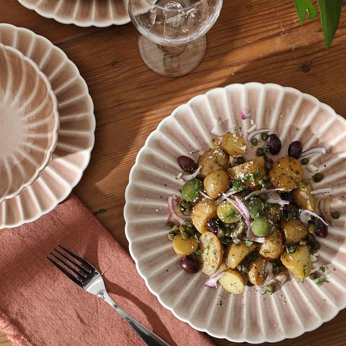 Gibson Elite Peach Orchard 12-Piece New Bone China Dinnerware Set Service for 4, Embossed Fluted Plates and Bowls, Dishwasher and Microwave Safe, Mauve Rose