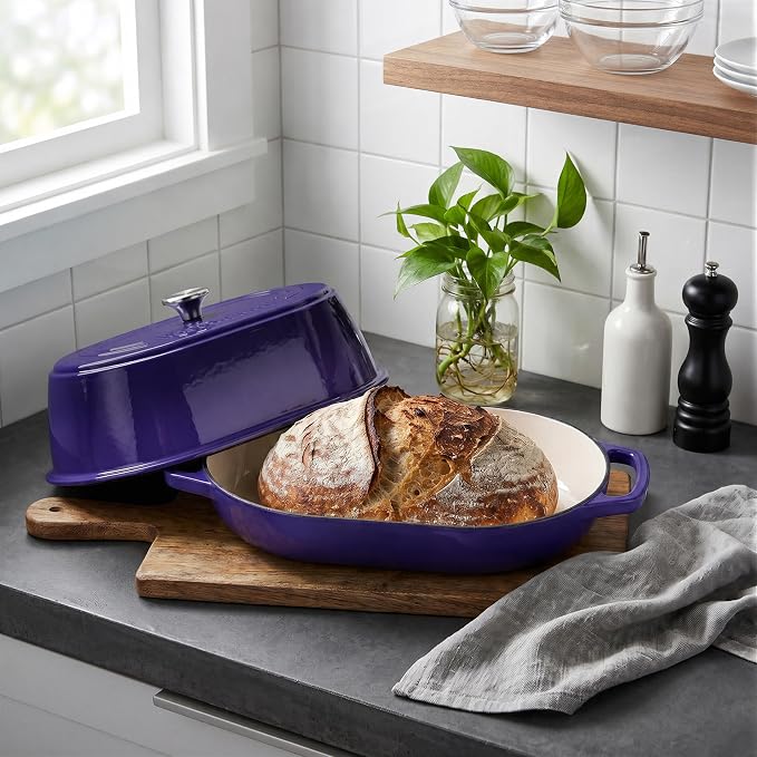 Enameled Cast Iron Dutch Oven Pot with Dome Lid, Oval Bread Oven for Homemade Sourdough Bread Baking, Oven Safe up to 500°F, 6 Quart, Purple