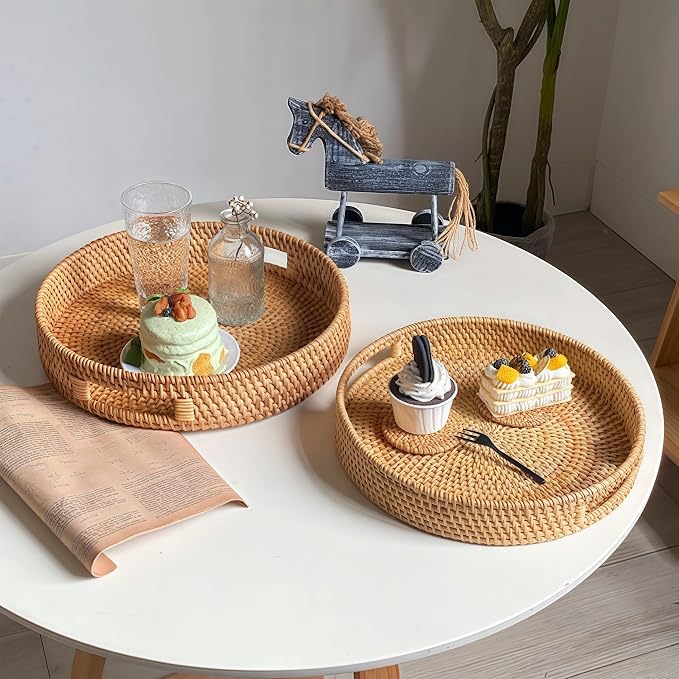 11.8" Round Rattan Tray, Hand Woven Serving Tray with Handles, Wicker Serving Basket, Decorative Tray for Home Decor, Natural