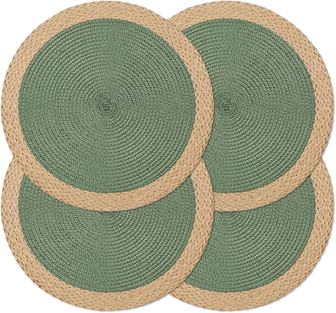 Round Placemats Set of 4, Woven Table Mats, Wide Edge, Green | Braided Paper Edge, 15 Inch Diameter, Fits Dinner Plate and Flatware, Wipeable, Heat Resistant, Indoor Dining, Outdoor Patio