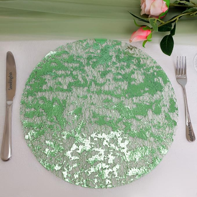 Snowkingdom 24 Pcs Sage Green Placemats, Disposable 13" Round Table Mats with Metallic Foil Glitter Paper doilies Chargers Centerpiece, Wedding Holiday Christmas Thanksgiving Party Dining Table Decor