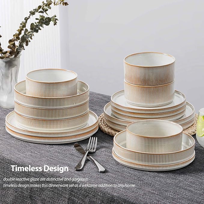 LIANYU 24 Piece Stoneware Plates and Bowls Dishes Set for 6, Dinnerware Sets with Pasta Bowls, Ribbed Dining Ware Dishware for Home Wedding, Microwave and Dishwasher Safe, Dawn Beige