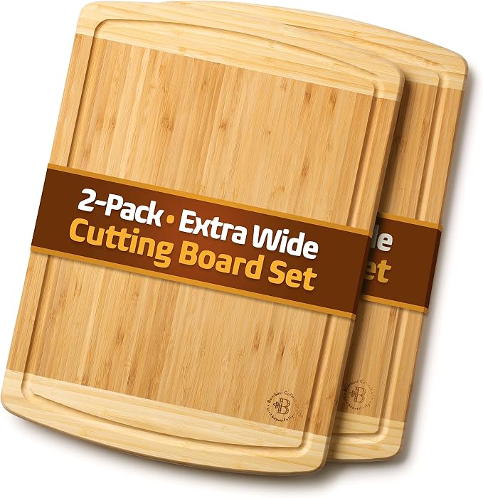 Bamboo Cutting Boards for Kitchen Set of 2 - Large Bamboo Cutting Board 18 x 13 Inch, Non Toxic Wooden Cutting Board with Juice Groove + Handle, Reversible Butcher Block Chopping Boards by Bambusi