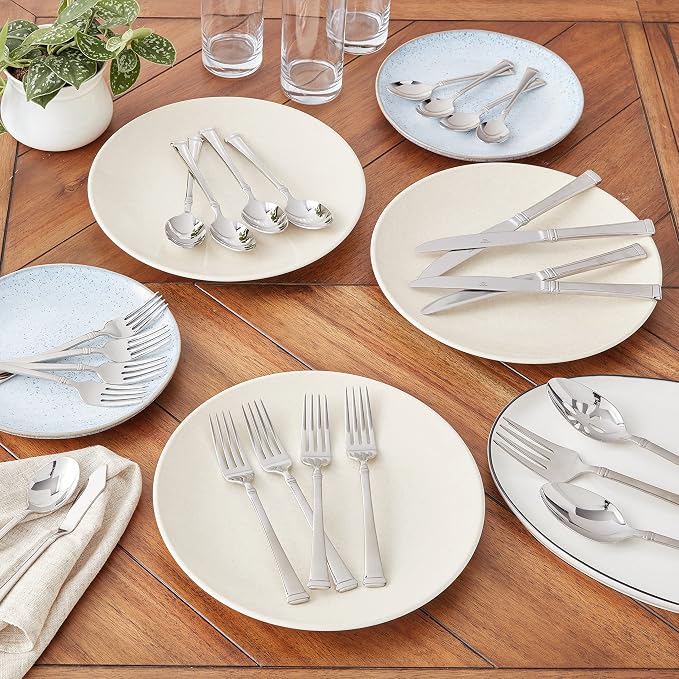 Mikasa Harmony 45-Piece Silverware Set, 18/10 Stainless Steel Cutlery for 8, Includes Forks, Knives, Spoons, and 5-Piece Serving Utensils Set (Pack of 2)