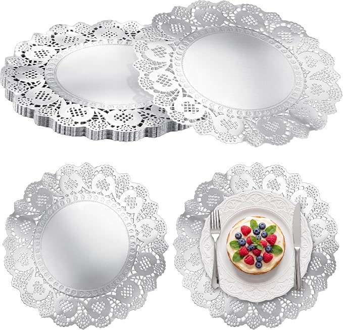 MCEAST 100 Pack Round Silver Paper Doilies 13.5 Inches Lace Paper Place Mats Rustic Scallop Doily Disposable Table Pads for Food Cakes Crafts Party Weddings Tableware Decor