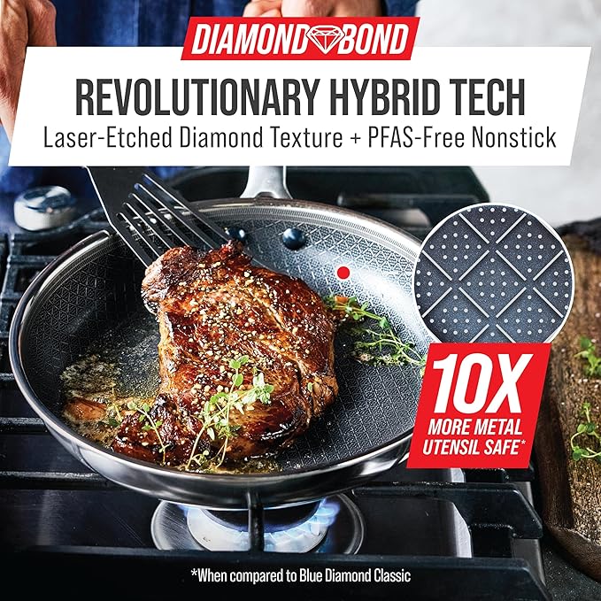 Blue Diamond Hybrid 8" Stainless Steel Nonstick Frying Pan | PFAS-Free Ceramic Nonstick Skillet, Diamond Bond Powerful Searing, Induction & All Cooktop Ready, Dishwasher and Oven Safe
