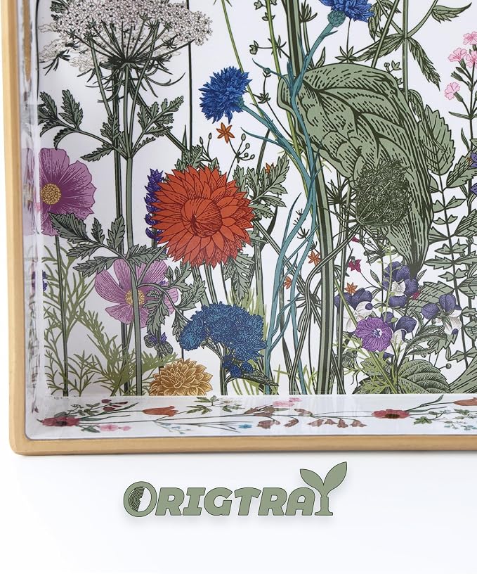 Serving Tray with Handles, Rectangular Plastic Tray 15.75x11.81 Inch, Wildflower, Butterflies & Hummingbirds Style Decorative Tray for Kitchen, Dining Table, Vanity, Office & Home