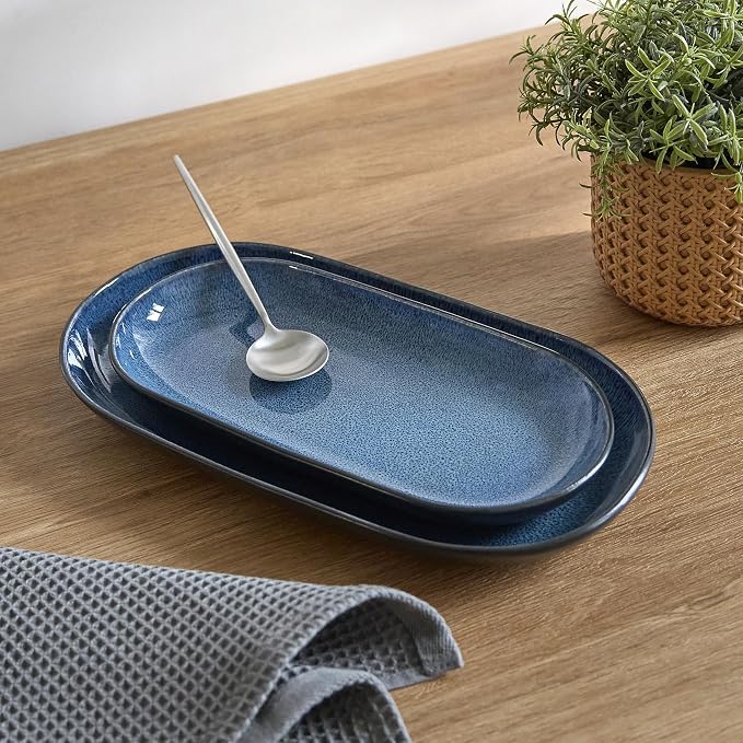 SANGO Resona Blue Serving Platters Set of 2, 14/12 Inch Stoneware Serving Dishes for Entertaining, Glossy Party Serving Trays with Reactive Glaze, Buffet Oval Platters for Bread, Appetizer, Cheese