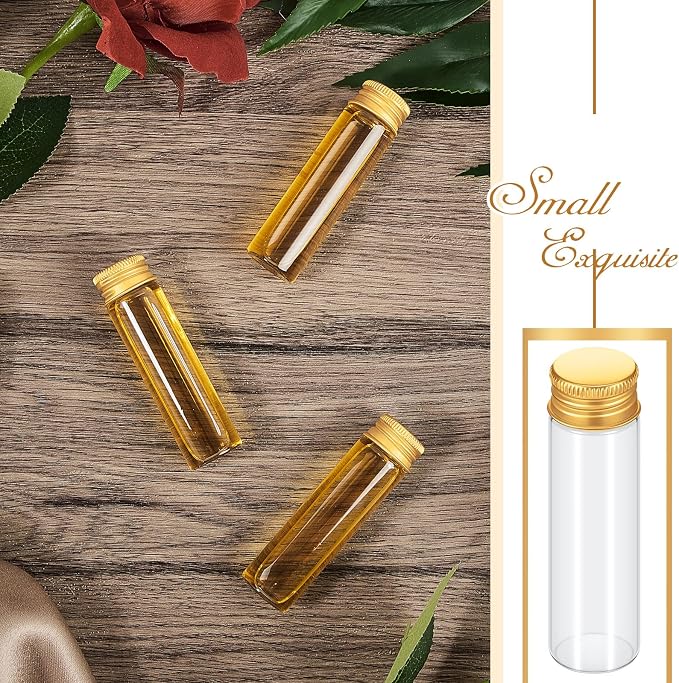 Didaey 100 Pcs Small Clear Vials Spice Mini Jars with Lids Mini Glass Bottles with Screw Aluminum Metal Caps Tiny Jars Sample Containers for Powder Cream Cosmetic Jewelry Wedding (20 ml,Gold Caps)