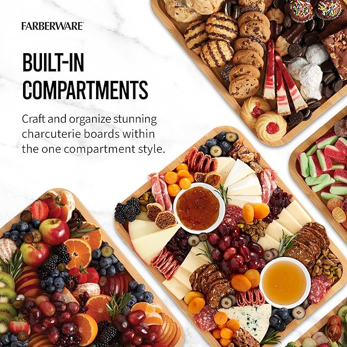 FAREBERWARE Build-A-Board Bamboo Cutting Board with Single Storage Compartment, Clear Locking Lid, Black Handles, Perfect for Charcuterie & Snacks, Pack of 2