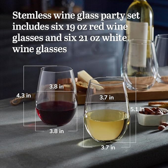 Libbey Signature Red and White Wine Glasses Set of 12, Elegant, Dishwasher Safe Glass Wine Glasses, Stemless Glassware for Birthdays, Weddings
