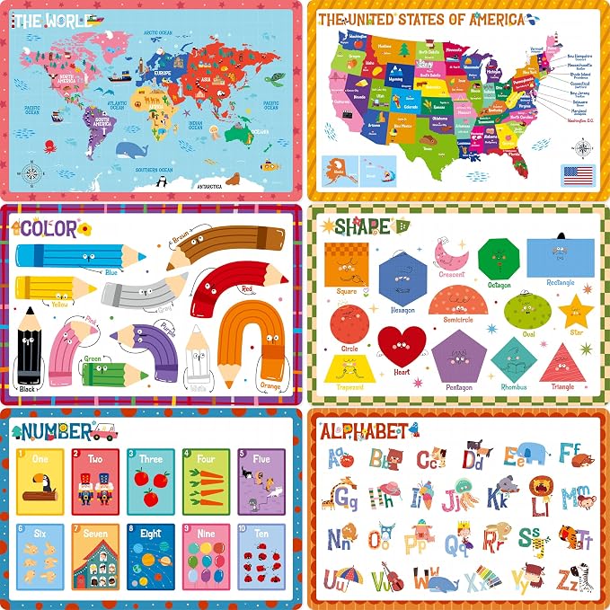 6 Pack Placemats for Kids, Non-Slip Washable, Reusable Alphabet, Number, Shape, Color, America & World Map Themed Educational Placemats for Home, Kindergarten, Classroom, Nursery