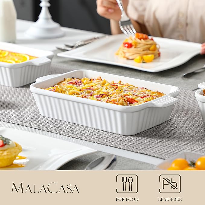 MALACASA Casserole Dishes for Oven, Ceramic Baking Dishes Set of 4, White | Rectangular Deep Lasagna Pans with Handles for Roasting Vegetable, Cake, Durable Bakeware, Wedding Gift(9.4/11.1/12.2/14.7")