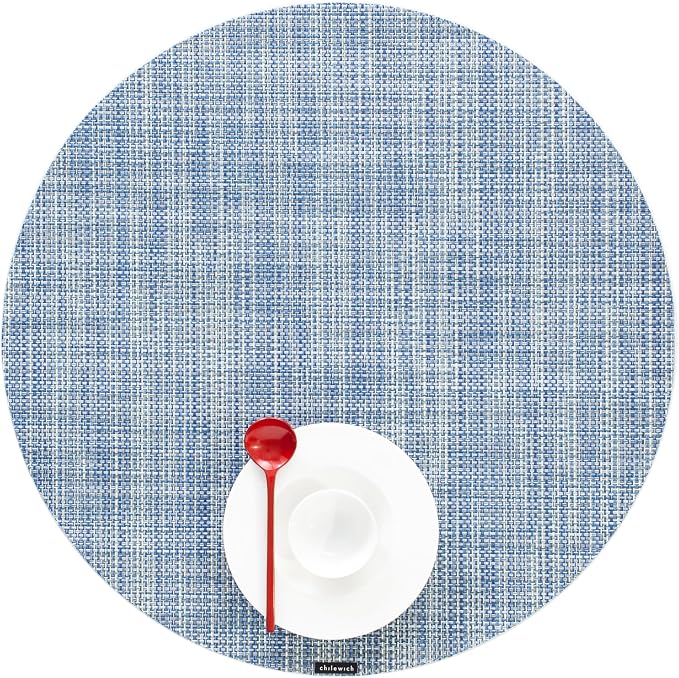 Chilewich Mini Basketweave Placemats, Round Woven Placemats Set of 4 | Reusable, Stain-Resistant, Indoor/Outdoor Tabletop Protection, Chambray, 15" Round