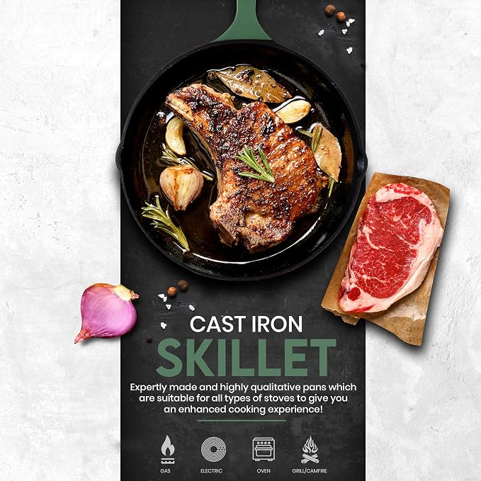 Utopia Kitchen Cast Iron Skillet Set 3 Piece 6 8 10 Inch PFAS-Free Green | Chef Pan, Even Heat Distribution, Stovetop, Campfire and Grill Safe, Large Skillet Set, Indoor Outdoor Use