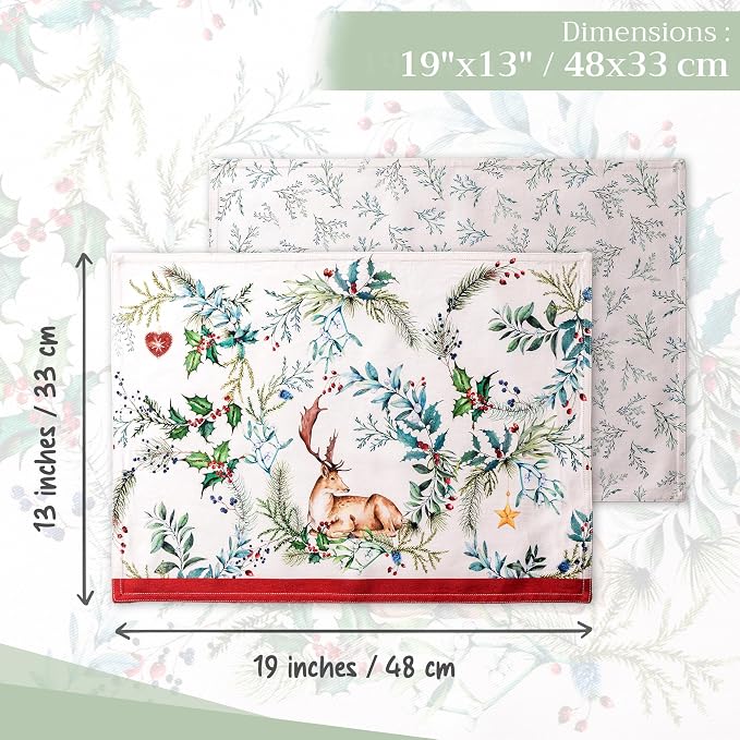 Maison d' Hermine Placemats Set of 4 Reusable 100% Cotton (13"x19") | Cloth Place Mats Washable Table Mats for Kitchen Dining Party Wedding Hotel Home Thanksgiving Christmas - Holly Time
